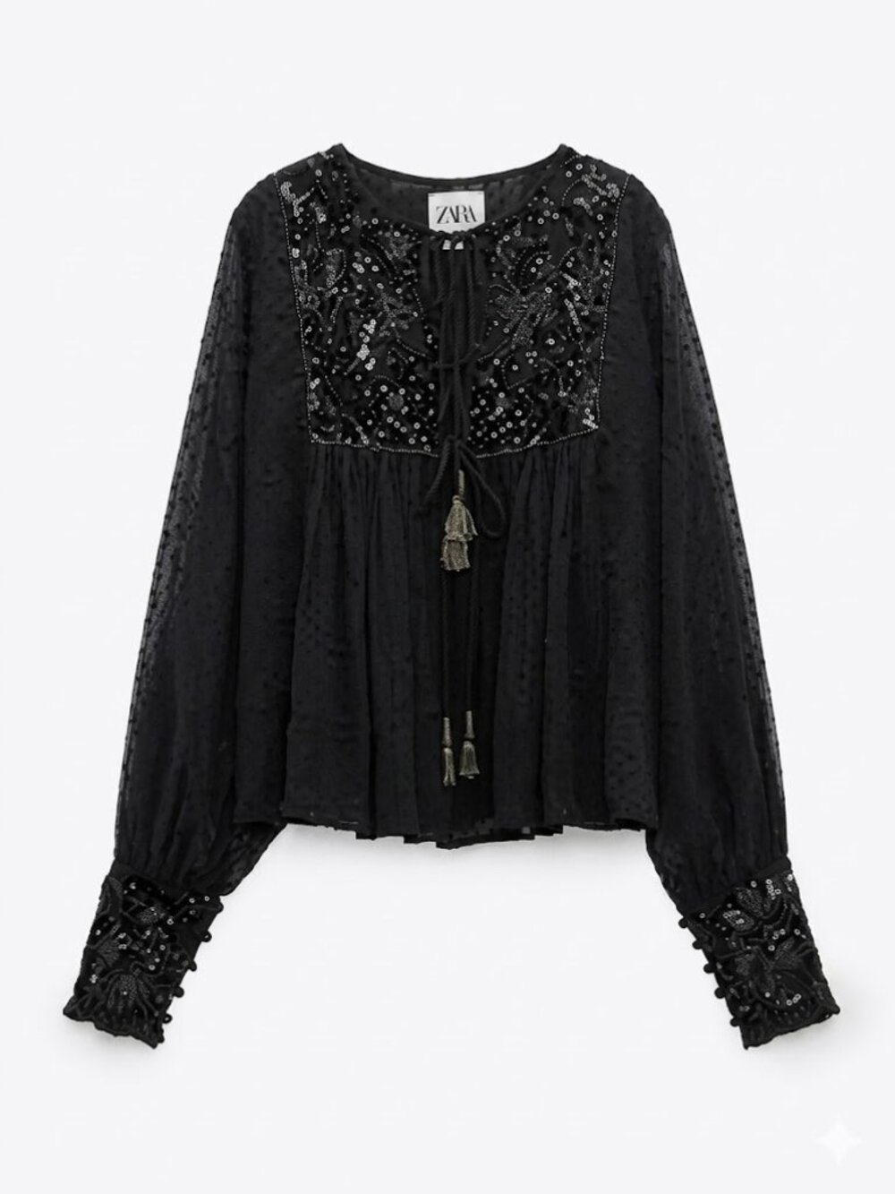 Zara Beaded Sequin Boho Peasant Blouse Black XS